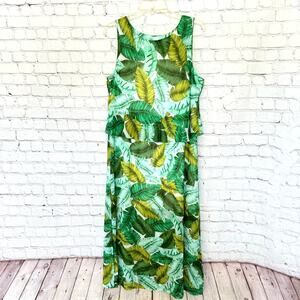 J.Jill Wms Petite L Green Palm Leaf Tropical Maxi Dress Resortwear Party Cruise